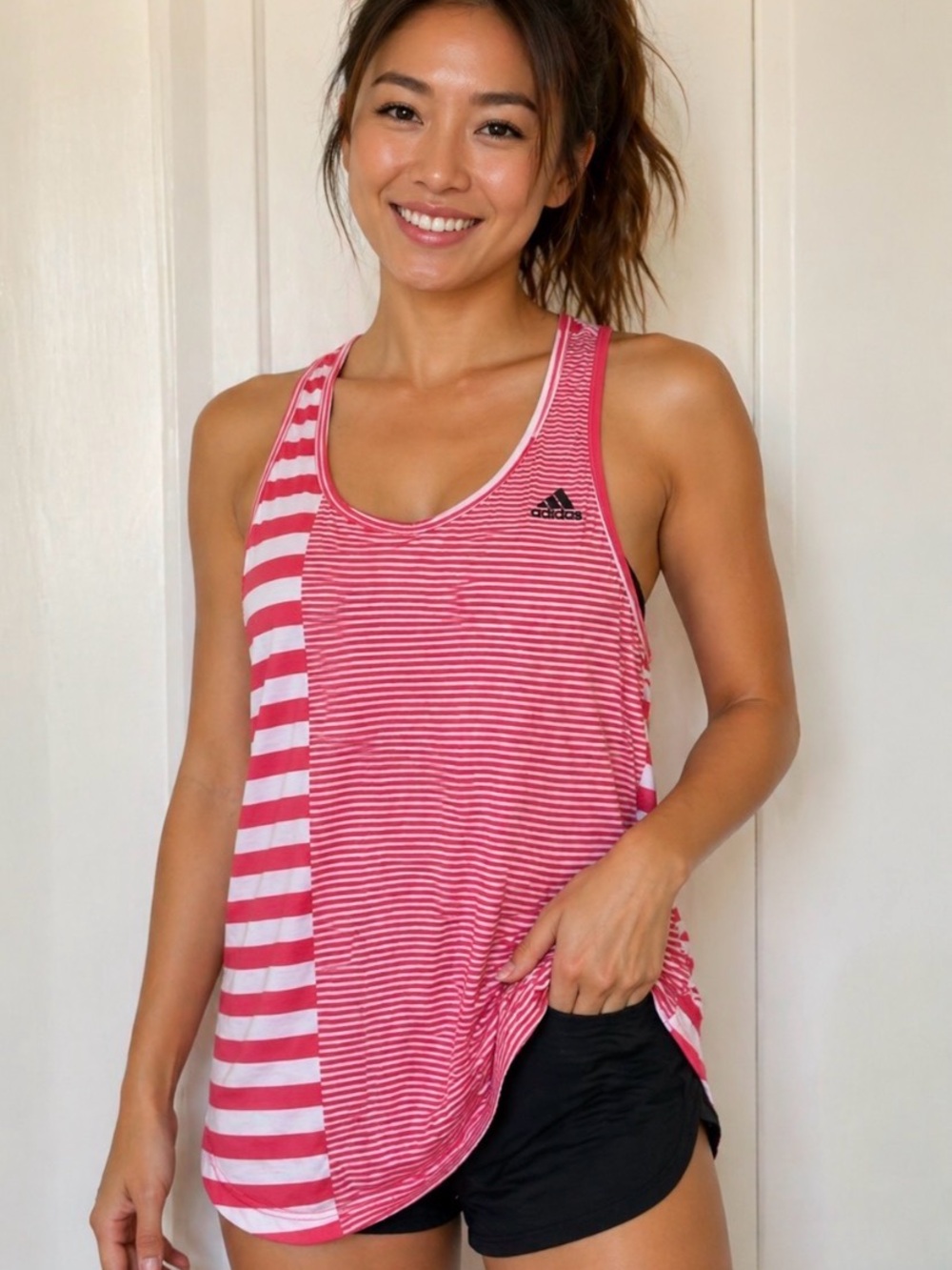 Adidas Climalite women’s medium red& White Striped Racerback Running Tank Top.